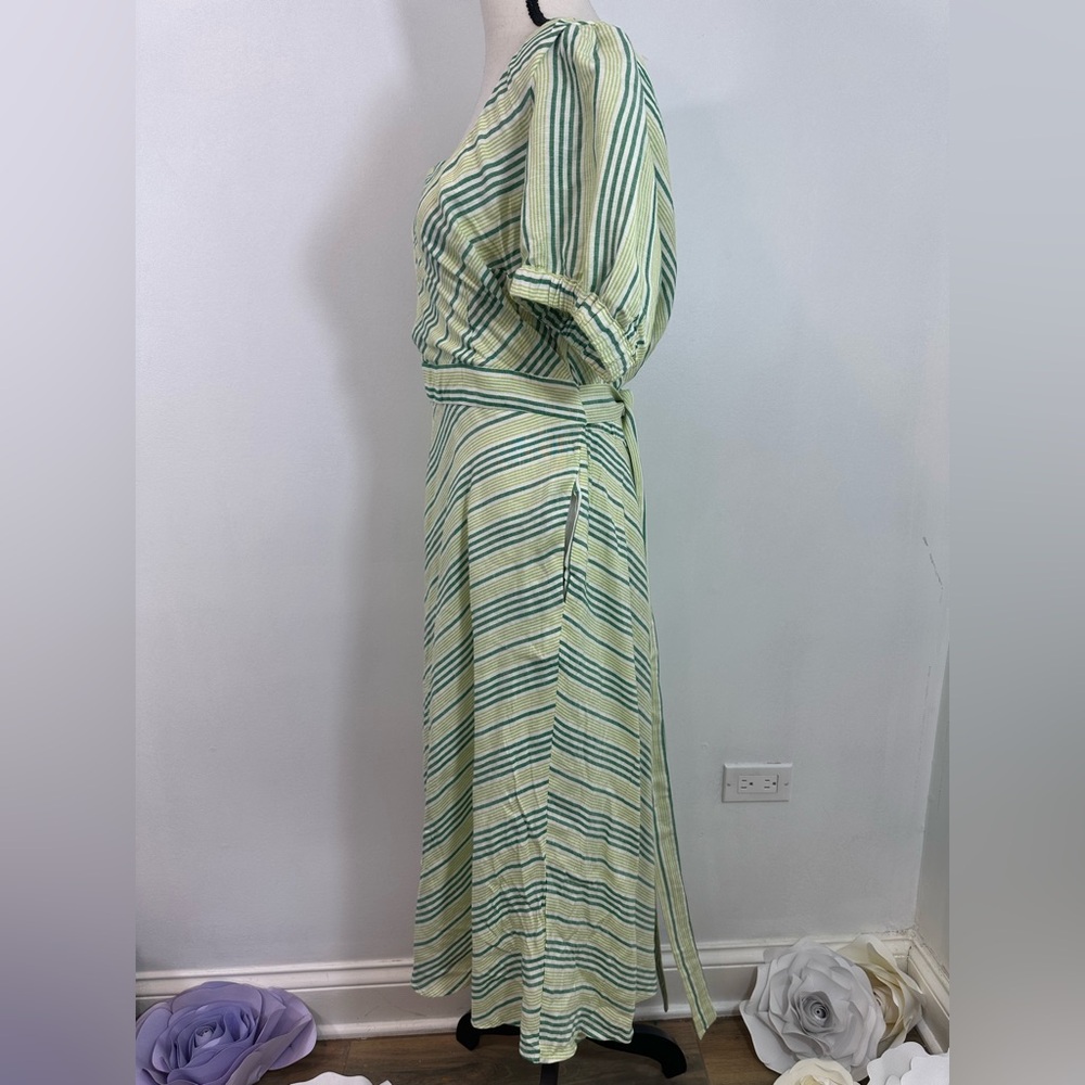 New York & Company Green Stripe Linen Blend Tie Waist Dress Women’s Size Large - Picture 2 of 7